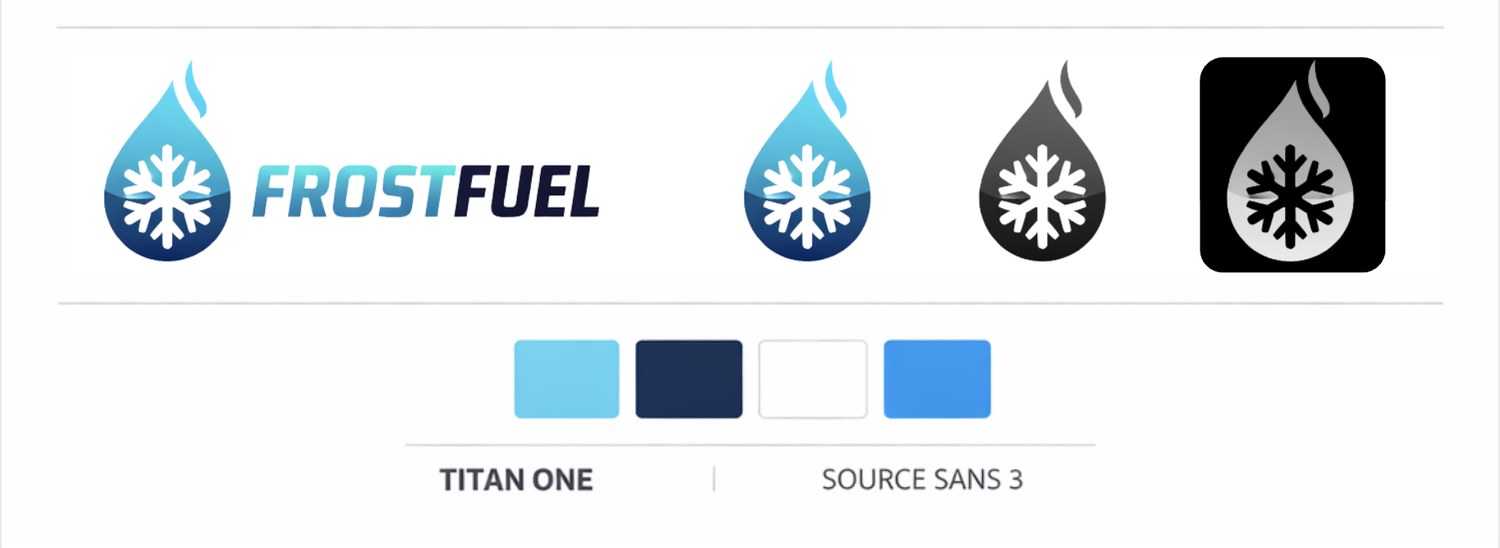 The FrostFuel brand system showing logo variants, colour palette and typefaces